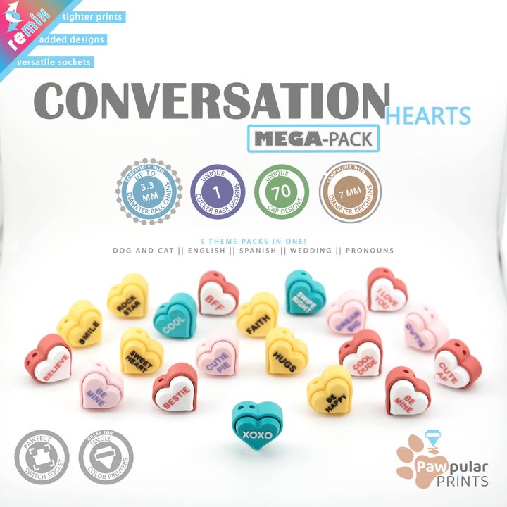 3D Printable Conversation Heart Remix MEGA-Pack, Fidget Keychain